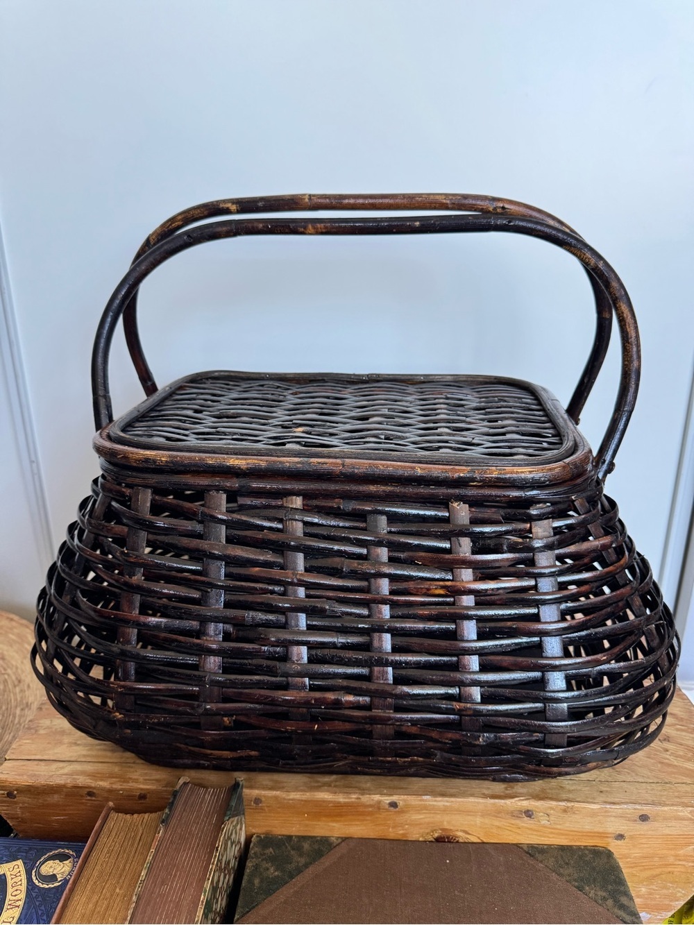 Vintage Woven swing handle woven rattan gathering basket picnic basket